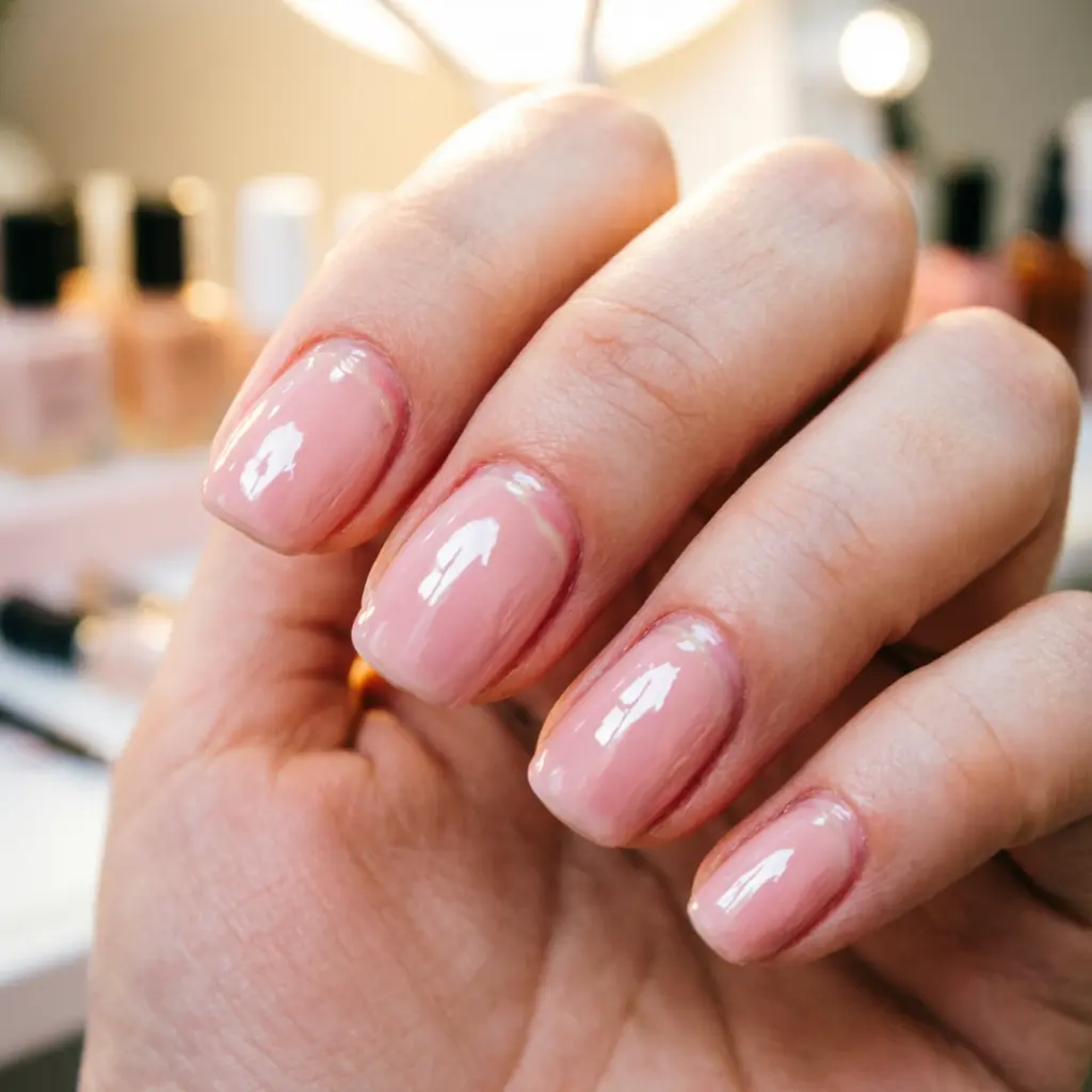 Freshly finished glossy soft pink gel polish manicure at Rush Salon, Surat