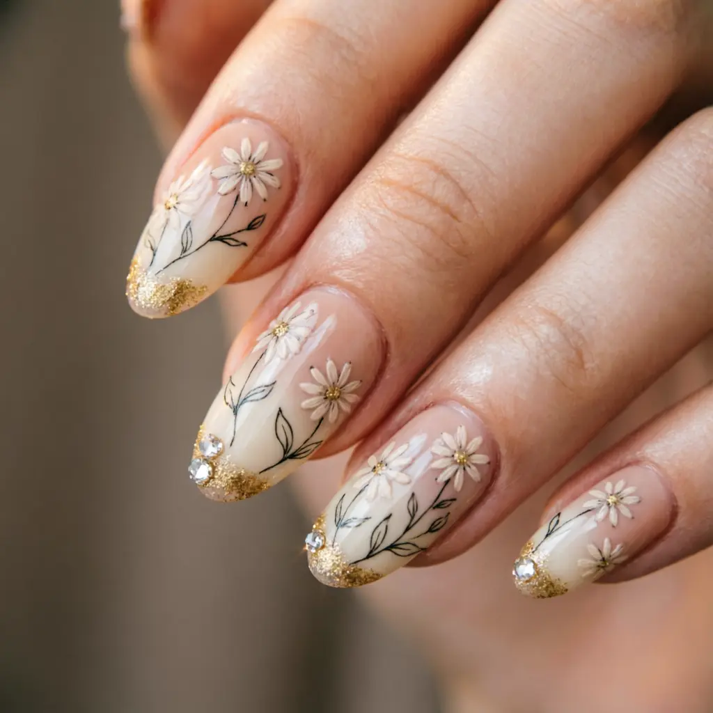 Intricate floral nail art with fine lines, glitter and rhinestone details at Rush Salon, Surat