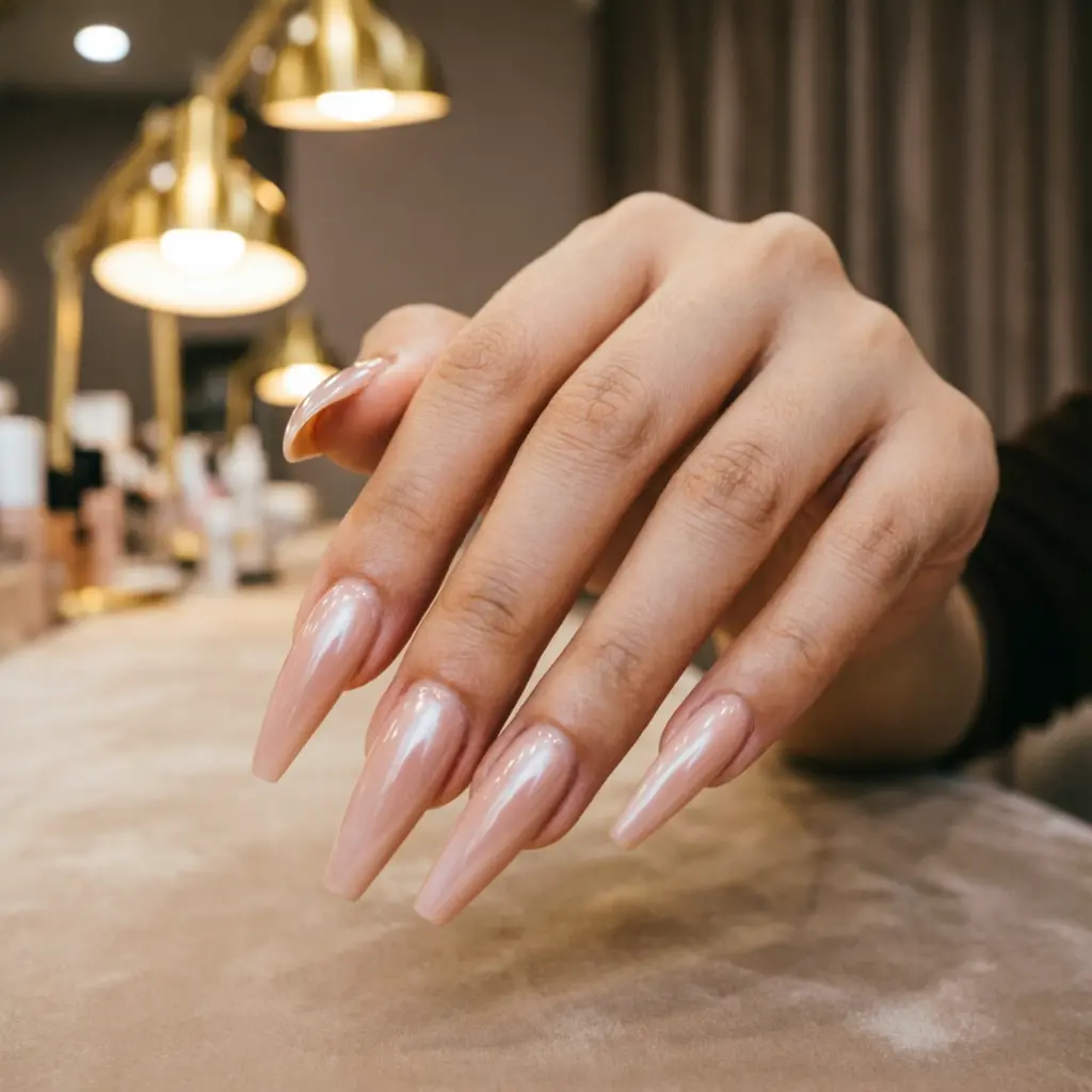 Long sculpted nude coffin nail extensions with a perfect glossy shape at Rush Salon, Surat