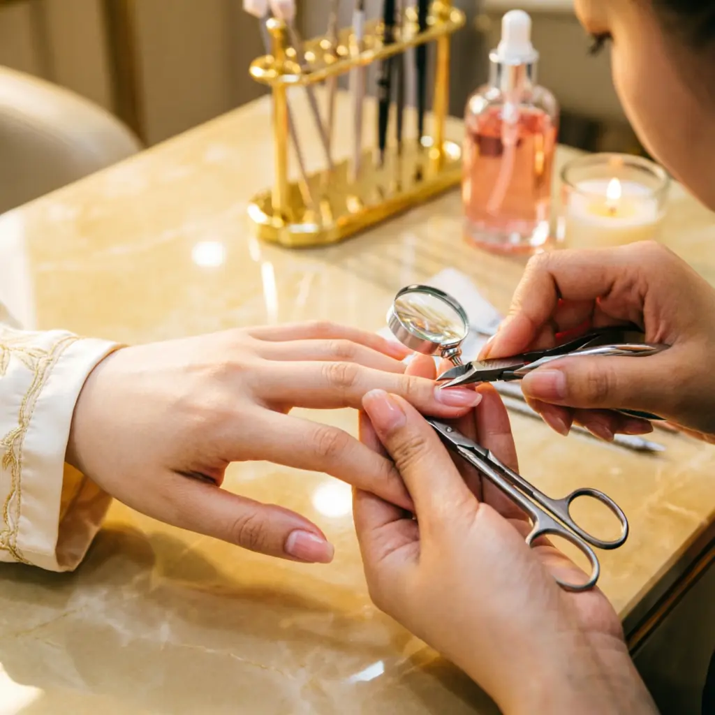 Professional manicure in progress with nail shaping and cuticle care at Rush Salon, Surat