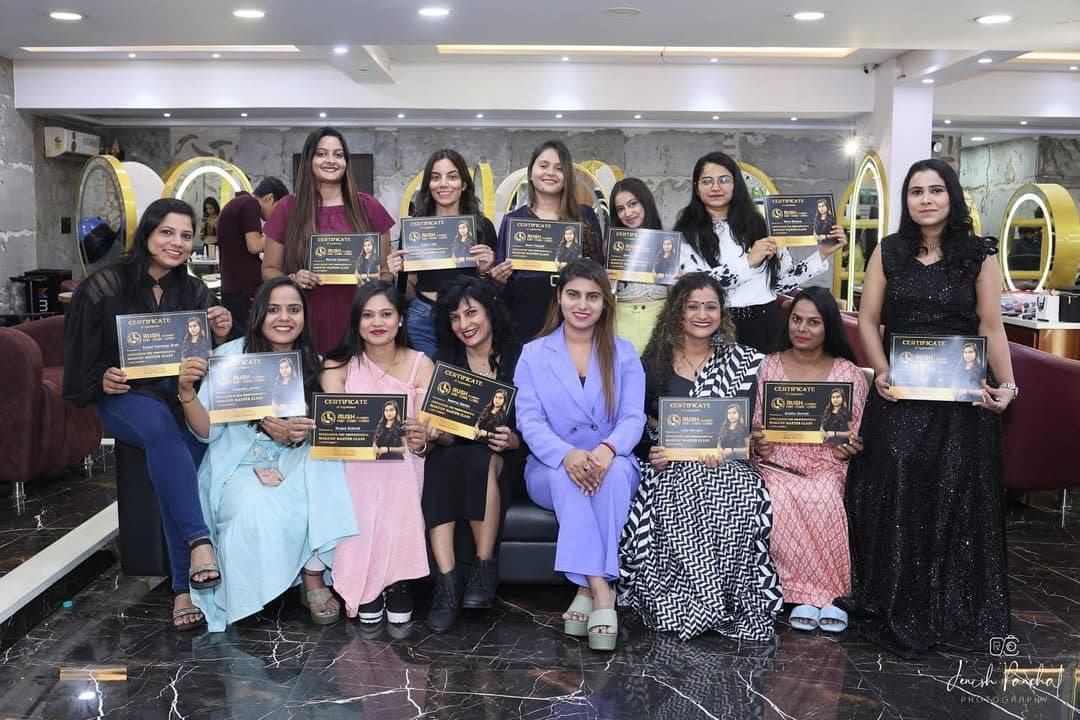 Student practising professional makeup at Rush Makeup Academy, a makeup artist course in Surat